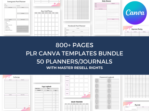 800+ Pages 50 PLR Canva Templates Planner Bundle | Master Resell Rights