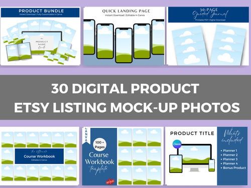 30 Digital Products Etsy Listing Mock-Up Photo Templates, Editable Mockups in Canva